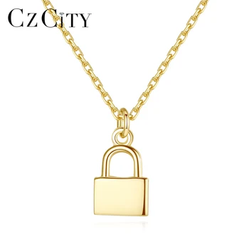 

CZCITY Solid Pure 14k Gold Lock Pendant Necklaces for Women Wedding Engagement Yellow Gold Fine Jewelry Au 585 Colar Gift N14159