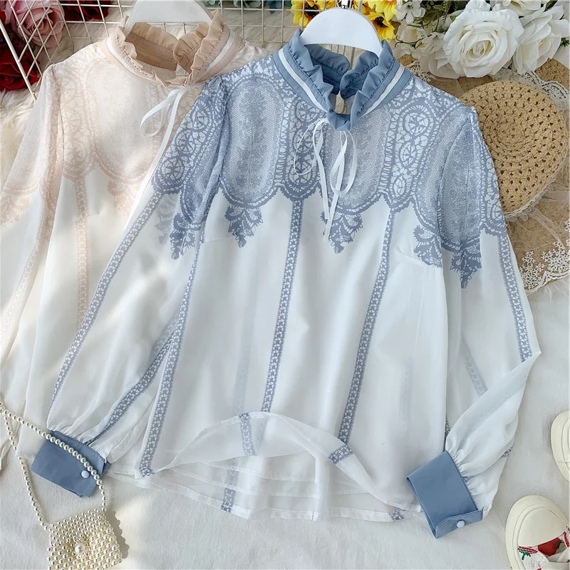 Women Chiffon Print Lace-up Blouse Shirts Stand