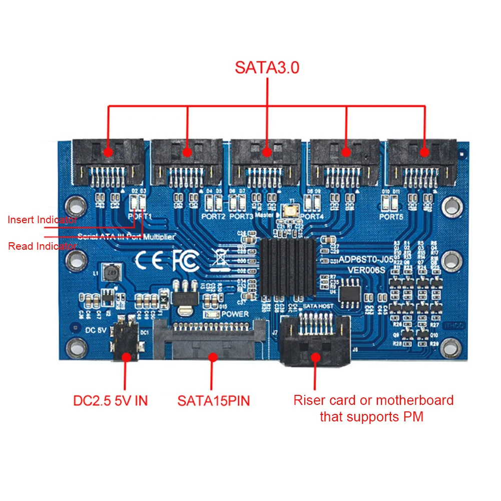1 to 5 Port SATA3.0 Controller Card - 6Gbps Multiplier SATA Port Riser Adapter for HDD Description Image.