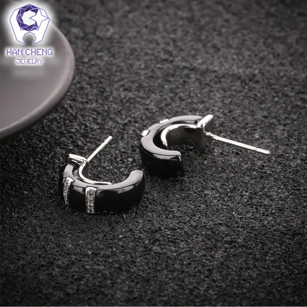HanCheng новые модные роскошные черные керамические посеребренные серьги-гвоздики с драгоценным камнем циркония CZ для женщин ювелирные изделия brincos bijoux