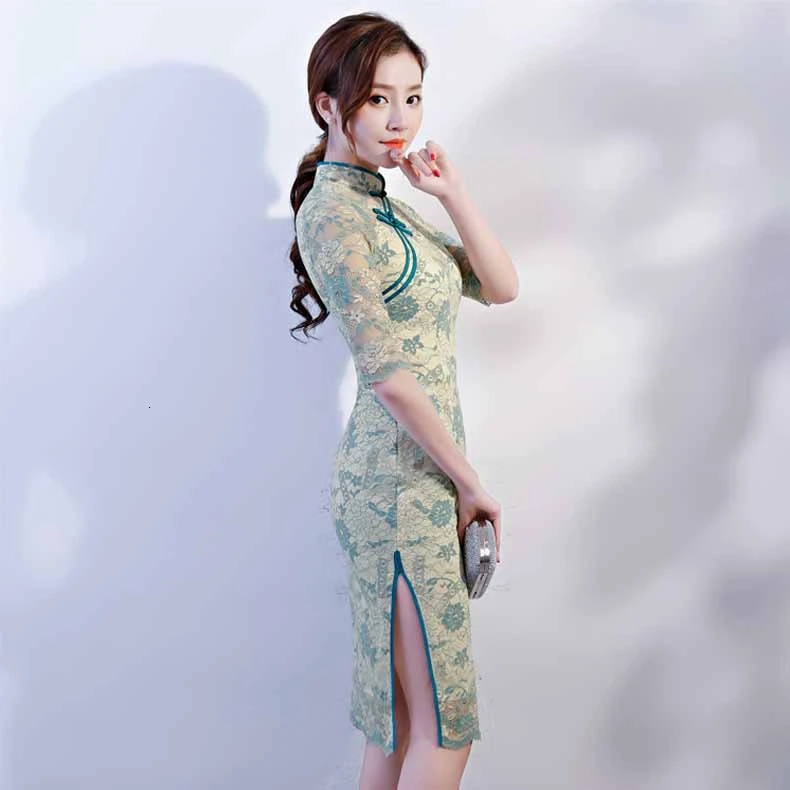 Модное зеленое Короткое платье-Ципао, китайское традиционное платье, Vestido, Восточное Чино, традиционное женское элегантное платье