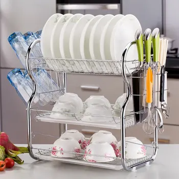 

Wrought iron Three-layer drain dish rack floor shelf creative kitchen tableware finishing storage rack