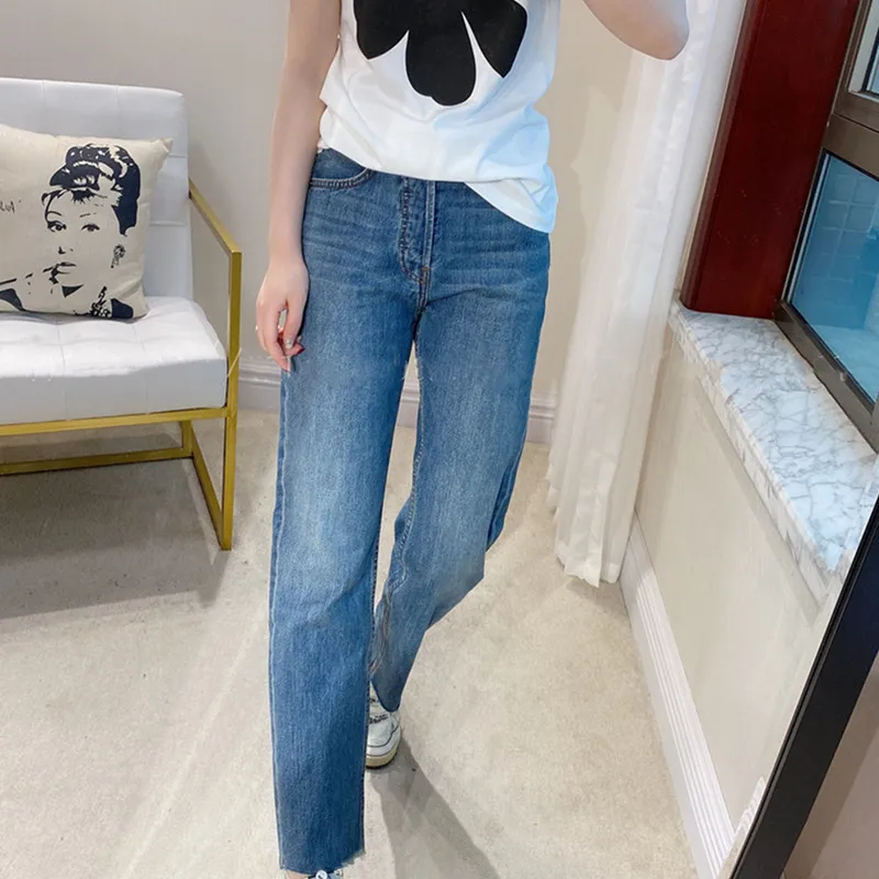 

Women's Cotton Zipper Jeans Stright Loose Ankle-Length Pants High Waist Spring Summer New Denim Trousers