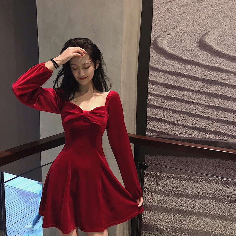 sweet velvet dress ladies moda feminina vestidos de fiesta red mini dresses Korean ulzzang fashion brand|Dresses| - AliExpress