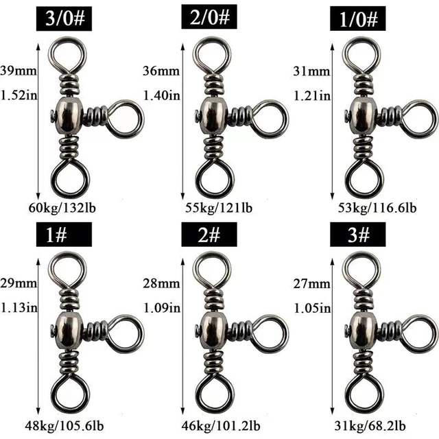 50pcs/lot 3 Way Fishing Swivels #1-#2/0 Fishing Connector Bearing Barrel  Rolling Swivel