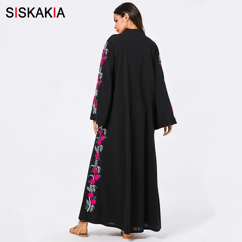 Siskakia мусульманская женская открытая абайя черная Цветочная вышивка с закрытой кнопкой Элегантная Дамская размера плюс кимоно арабские кафтаны Дубай