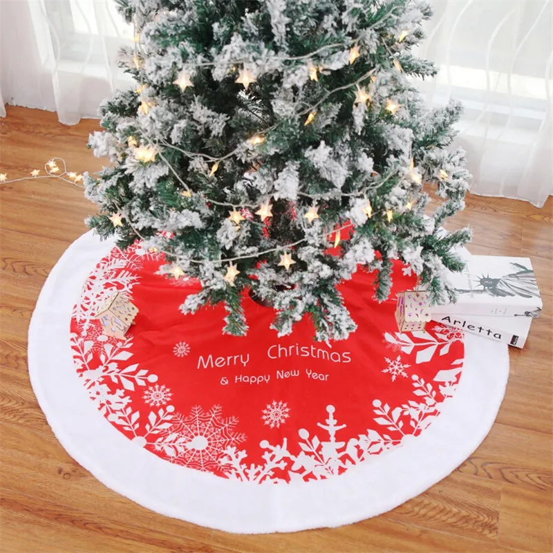 

Red Merry Christmas Tree Skirts Plush Cloth Snowflake Print Xmas Party Decorations