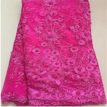

2019 Pink African lace fabric,embroidered flower net lace,high quality Nigerian lace fabric with stone for wedding dress