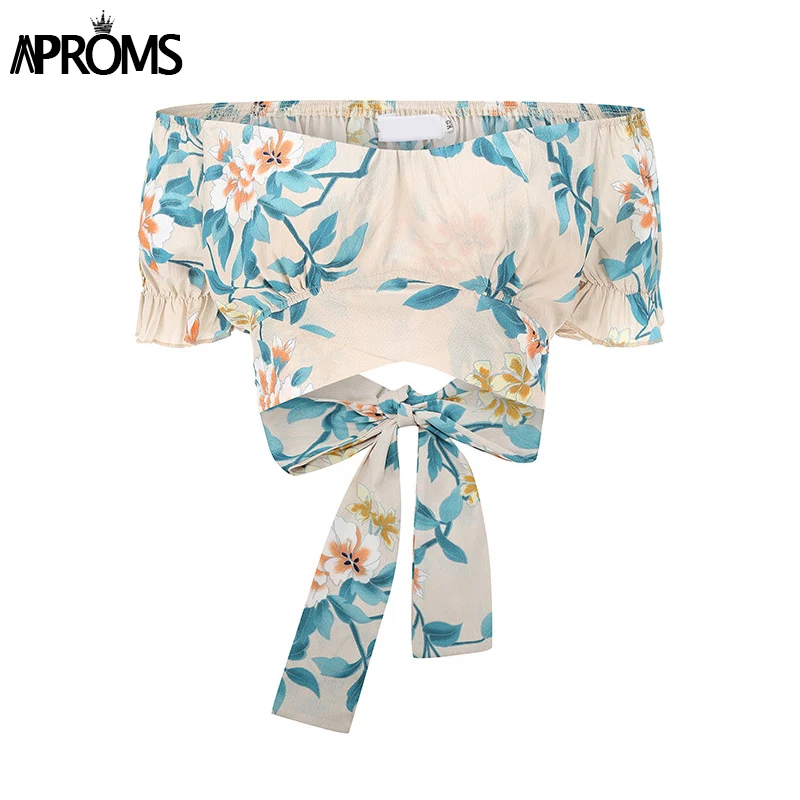 Новое богемное платье с открытыми плечами платье-чехол с цветочным рисунком Топы Для женщин, сексуальным вырезом на спине и Обёрточная Бумага Галстук-бабочка, обрезанный женский топ футболки с оборками - Цвет: Apricot