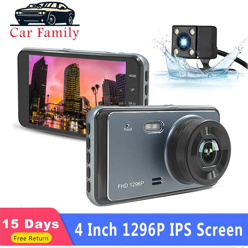 Автомобильный семейный видеорегистратор 4 дюйма ips Full HD 1296 P двойной объектив