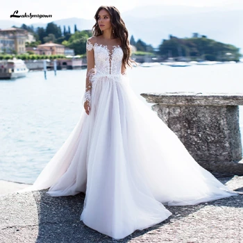 

Sexy White Tulle Mariage Bridal Dress Long Sleeve Wedding Boho Beach Dress 2020 Feather Lace Appliques Backless Party Gowns