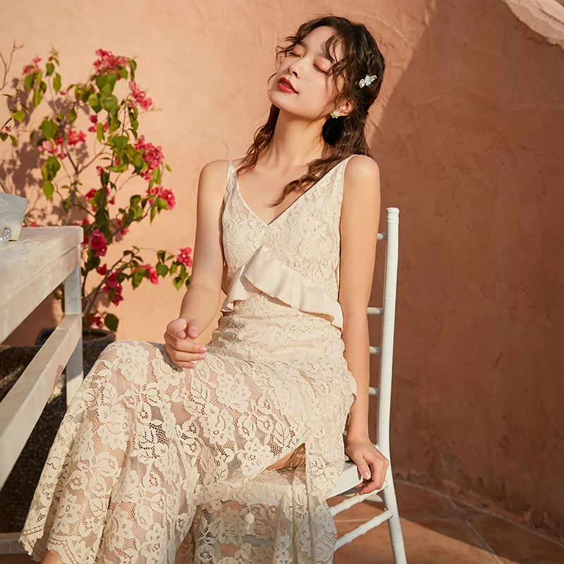 

2020 Women Beach Long Dress Fashion Girl Sexy V-neck A-line Sling Backless Lace Frill Boho Club Party Elegant Dresses Vestidos