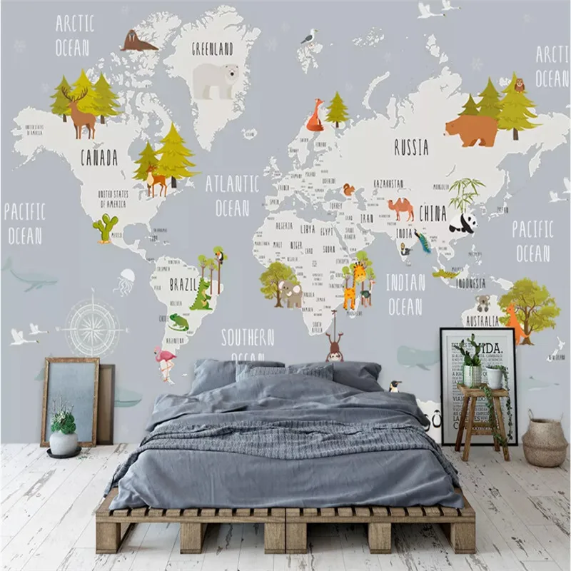Custom Children's Room Cartoon World Map Light Background Wallpaper Mural Modern Minimalist Wall Papers Home Decor 3D Cloth |