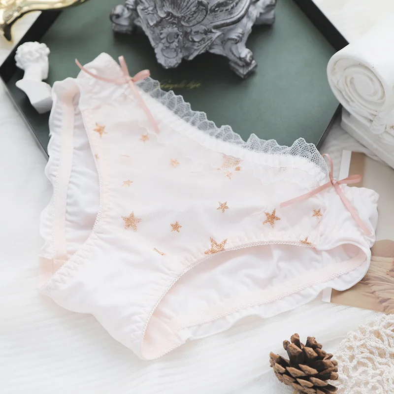 pink Японское Золотое женское нижнее белье с рисунком звезд, сексуальные сетчатые Лоскутные трусики с милыми бантиками для девочек, женские трусы с оборками, однотонное нижнее белье - Цвет: pink