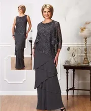 Elegant Grey Lace Long Chiffon Mother of the Bride Dresses with Jacket Tiered Two Pieces Set Dress for Women Wedding