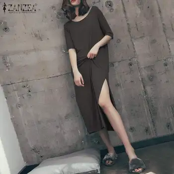 

Summer Nightdress ZANZEA Women Casual Sexy Backless Sleepwear Split Vintage Mid-Calf Short Sleeve Nightie Nightgown 5XL