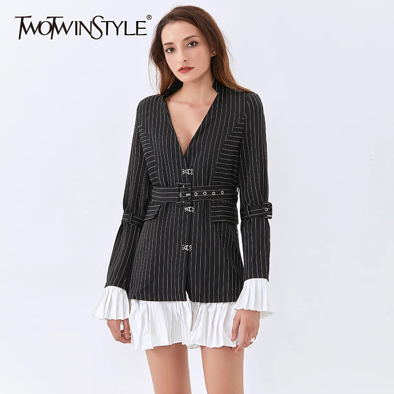 

TWOTWINSTYLE Striped Patchwork Blazer For Women Notched Long Sleeve High Waist Sashes Casual Jacket Female 2020 Fall Fashion New