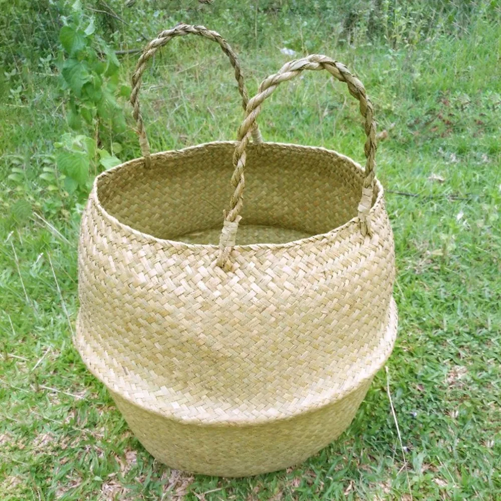 Household Foldable Natural Seagrass Woven Storage Pot Garden Flower Vase Hanging Basket With Handle Storage Bellied Basket