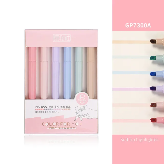 JIANWU 6pcs/set Soft Tip Highlighter Light Color Kawaii Marker Pen DIY Photo Album Journal Fluorescent Pen Student Stationery 7300A Afternoon sun