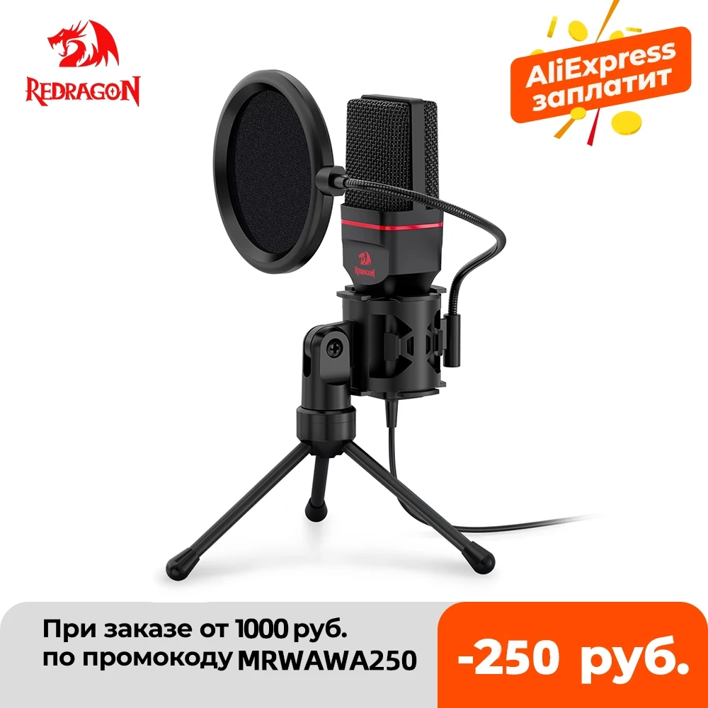 Redragon GM100 Seyfert Omni Condenser Microphone With Tripod Audio 3.5mm Computer Studio For PC Phone Karaoke Recording phone