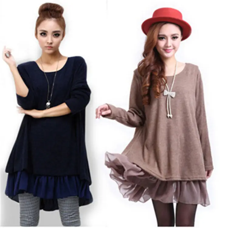 

Spring And Autumn Fat Mm Korean-style Mock Two-Piece Long-sleeve Knitwear Loose-Fit Slimming Base Sweater Large Size Dress