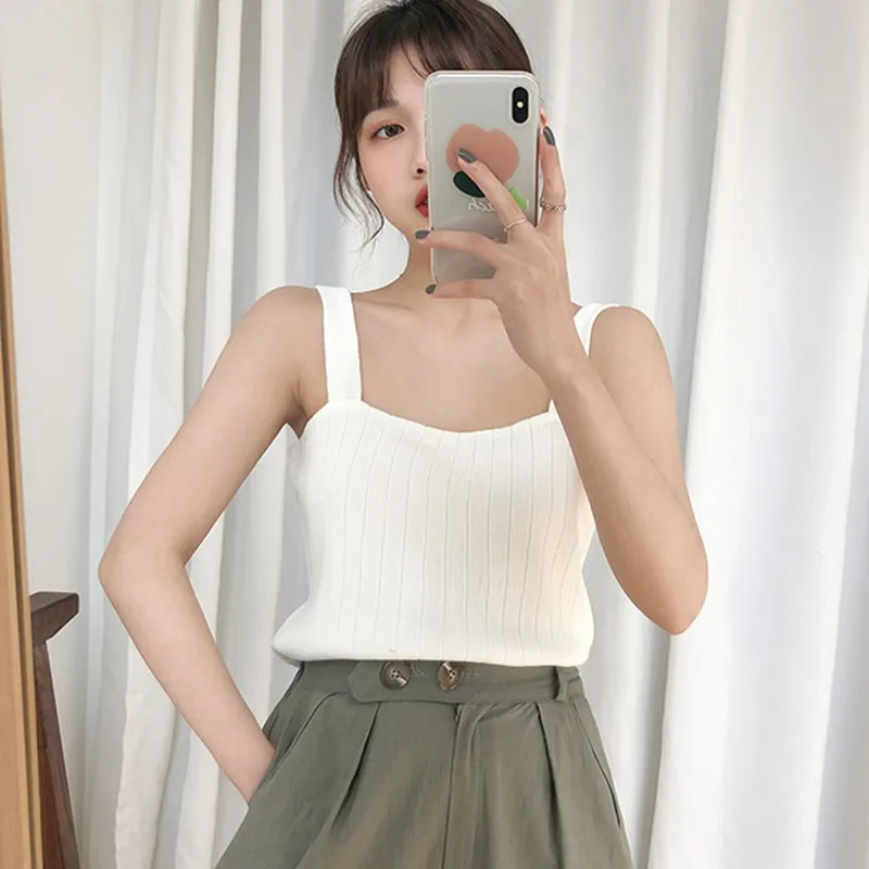 Женский сексуальный ТРИКОТАЖНЫЙ УКОРОЧЕННЫЙ ТОП без рукавов, Корейская майка, Женская Повседневная Уличная однотонная одежда для женщин