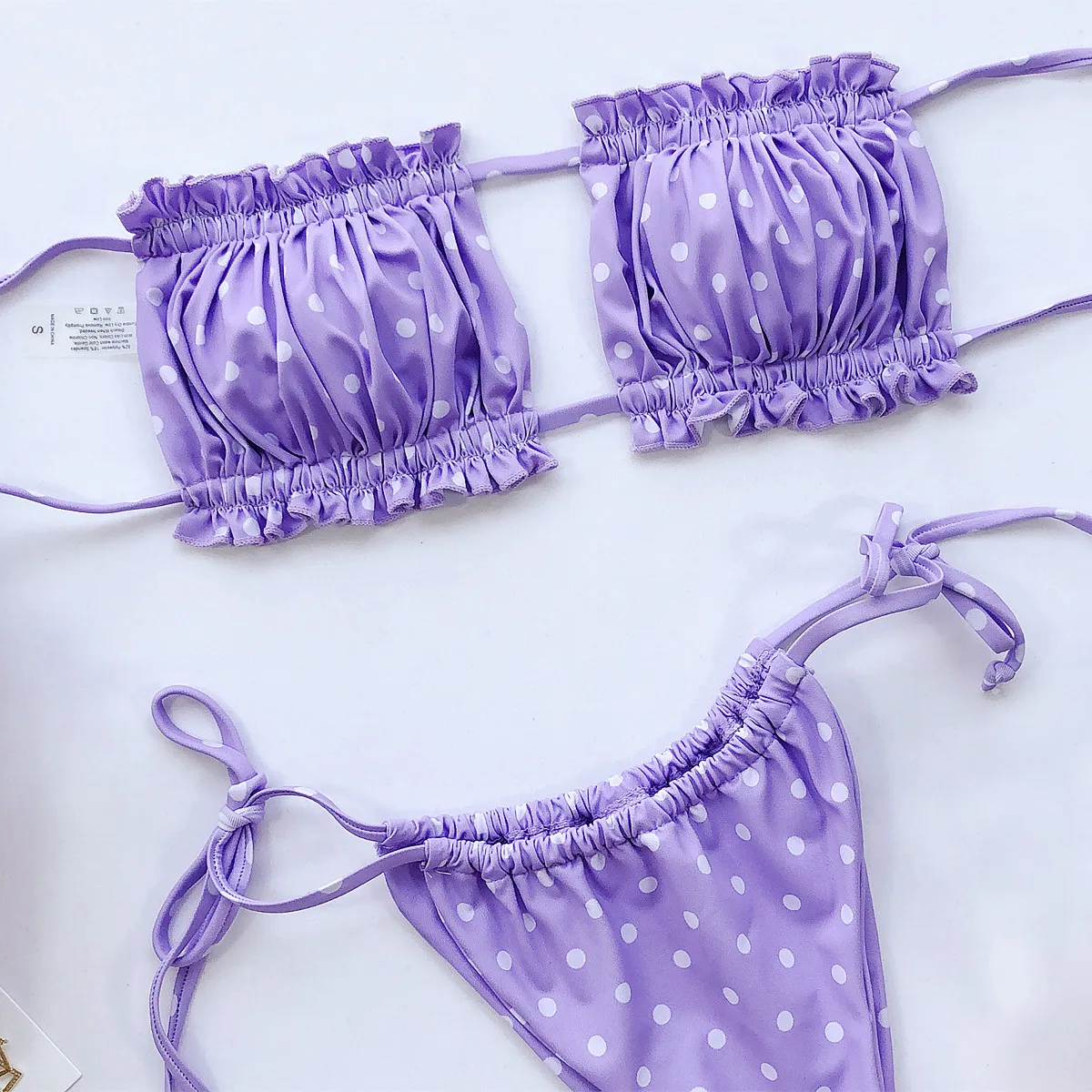 Elegant Purple Swimwear Women Off Shoulder Pleated Bikini Hollow Out Lace Up Bandage Push Up Bathing Suit