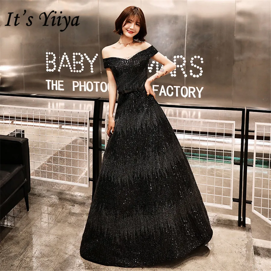 

It's Yiiya Evening Dress Black Boat Neck Shining Formal Evening Dresses 2020 E1432 Plus Size Off Shoulder Long robe de soiree
