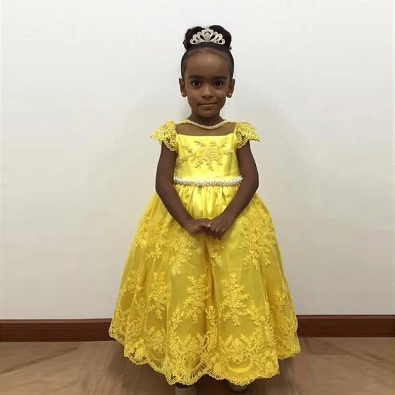 

Yellow 2020 Amazing first communion dresses for girls Appliques Lace Pearls kids evening gown flower girl dresses for weddings