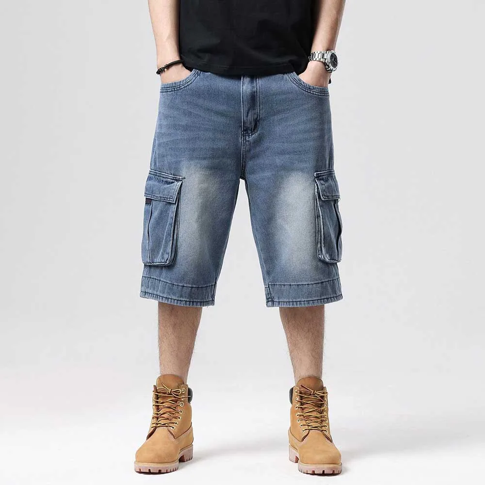 Plus Size Hiphop Harem Shorts Men's Casual Boardshorts Straight Loose Baggy Big Pocket Streetwear Denim Clothing
