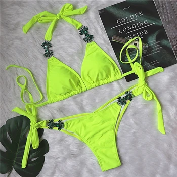 

Neon Green Sexy Crystal Diamond Bikini 2020 Women Swimsuit Female Brazilian Swimwear Rhinestone Bikini set Halter Bathing Suit