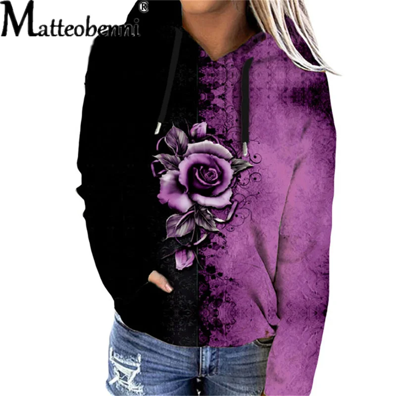 Women Color Contrast Hooded Sweatshirt Autumn Winter Floral Print Harajuku Drawstring Hoodies Casual Long Sleeve Pullover Female