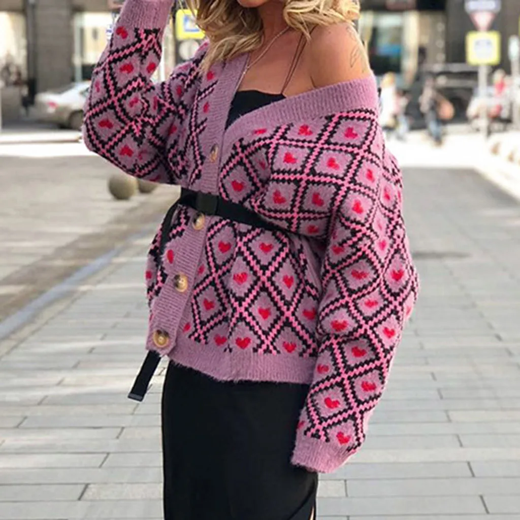 MUQGEW Women Fashion Floral Print Female Cardigan Autumn Winter Warm Love Print Knitted Temperament Buckle Sweater Jacket