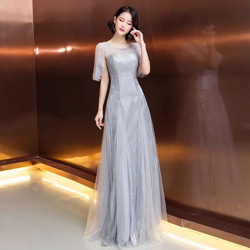 

Silver Evening Dress 2019 Long Elegant A Line Round Neck Ladies Sparkle New Formal Party Dresses Abendkleider ES3053