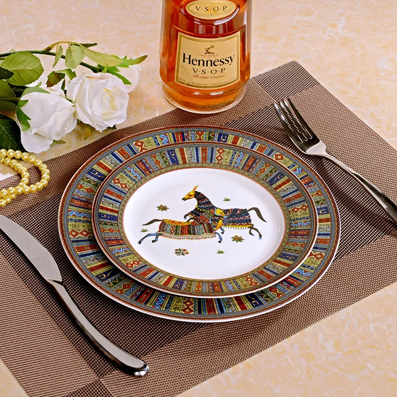 

European Style Horse Ceramic Dinner Set Porcelain Gold Inlay Dessert Plate Steak Salad Snack Cake Plates Tableware Free Shipping