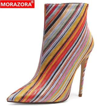 

MORAZORA 2020 new arrival women ankle boots multicolor stripe autumn winter boots sexy thin high heel party wedding shoes woman