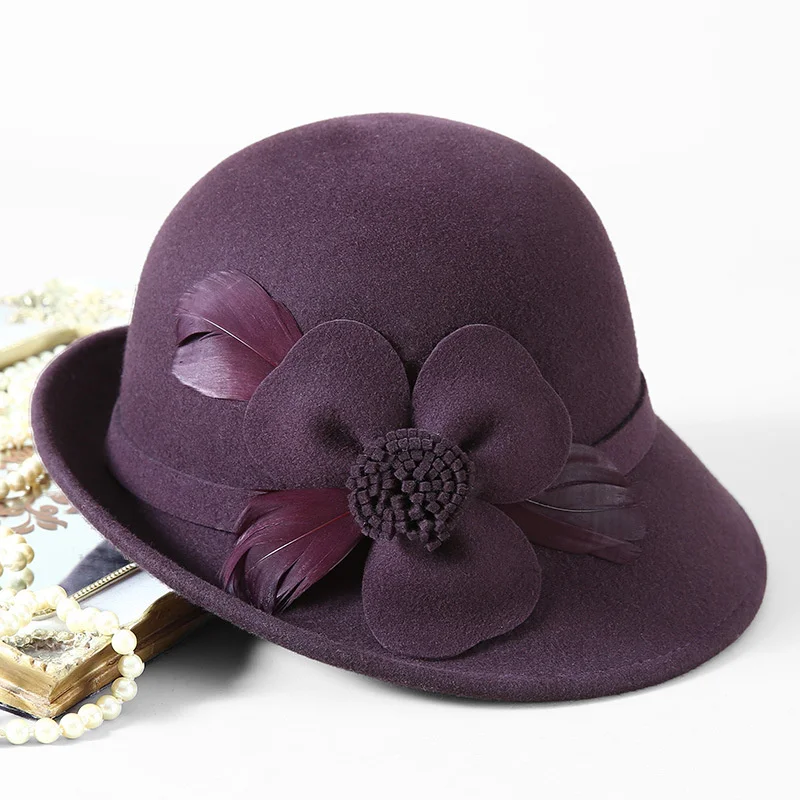 Hepburn Style Australia Wool Hat Woman Flower Cloche Cap Lady Felt Fedora
