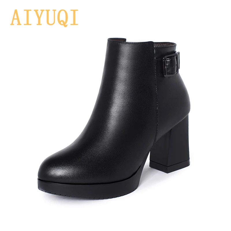 

AIYUQI Women Boots 2019 New Winter Ladies Boots Leather Genuine High-heeled Fashion Round Head Wool Warm Winter Boots Female