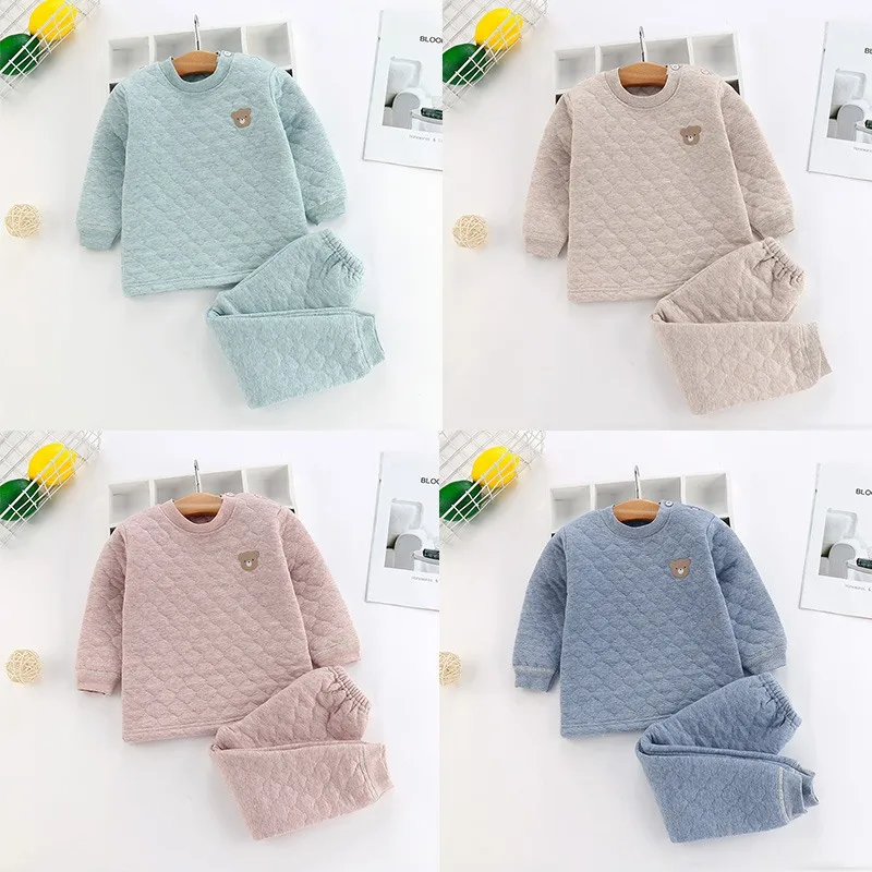 

Baby Boy Clothes Set Toddler Girl Children's Cartoon Thick Warm Casual Three-layer Thermal Underwear Set Single-layer Warm 1-6T