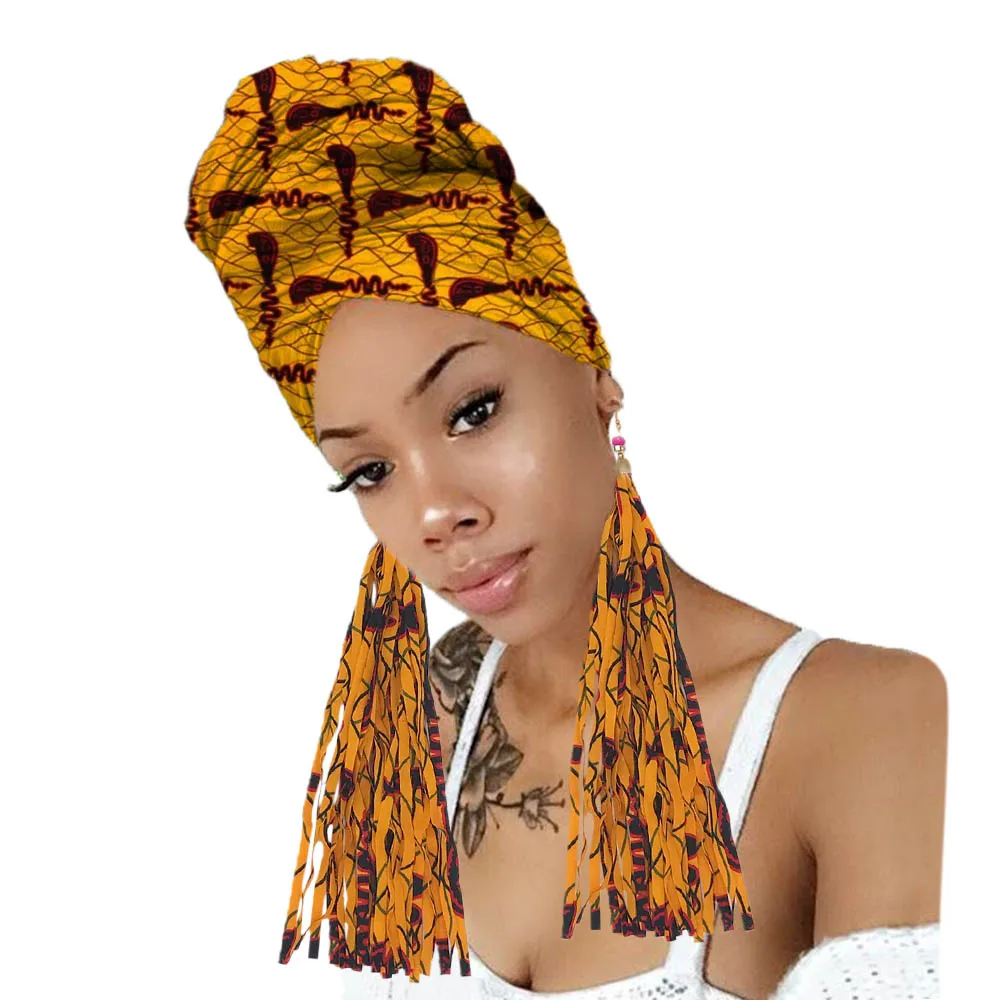 Африканский головной убор для женщин Анкара головной платок принт нигерийский головной убор тюрбан с кисточками стиль серьги