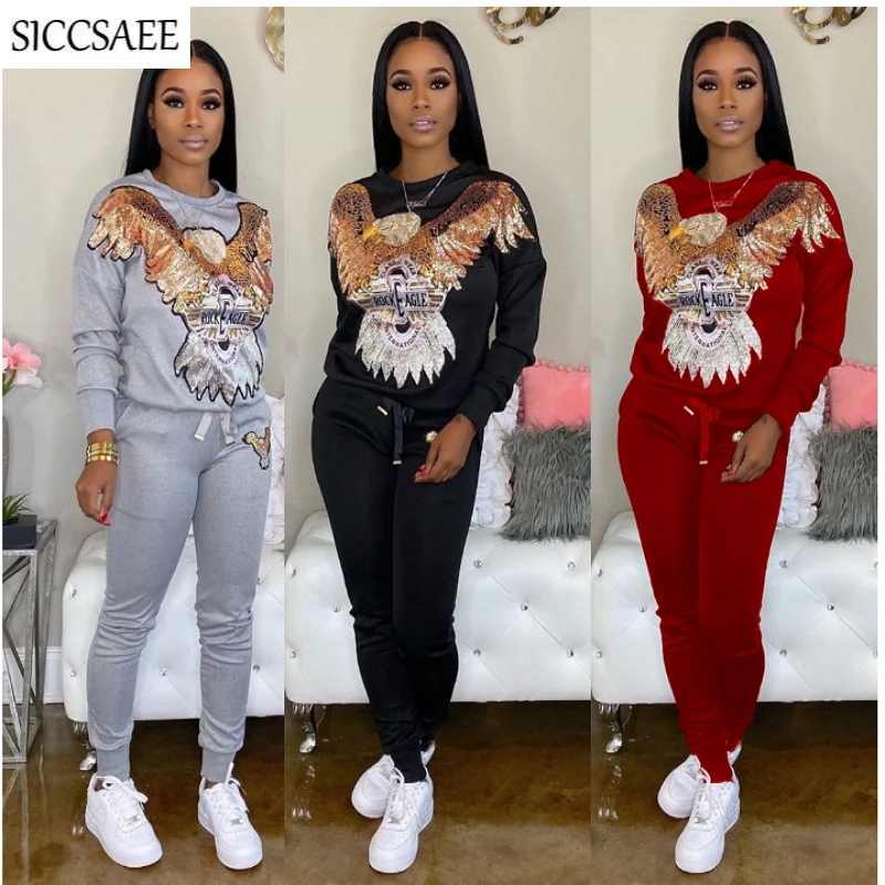 

Eagle Sequins Two Piece Set Loose Clothing Sets 2020 Moleton Feminino Casual Glitter Outfits Rock Sparkly Sweat Suit Tracksuit