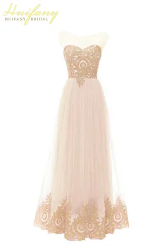 

Elegant Long Sweetheart Gold Applique Prom Dresses Backless Tulle with Dress for Graduation Date Beaded Sleeveless Evening Gown