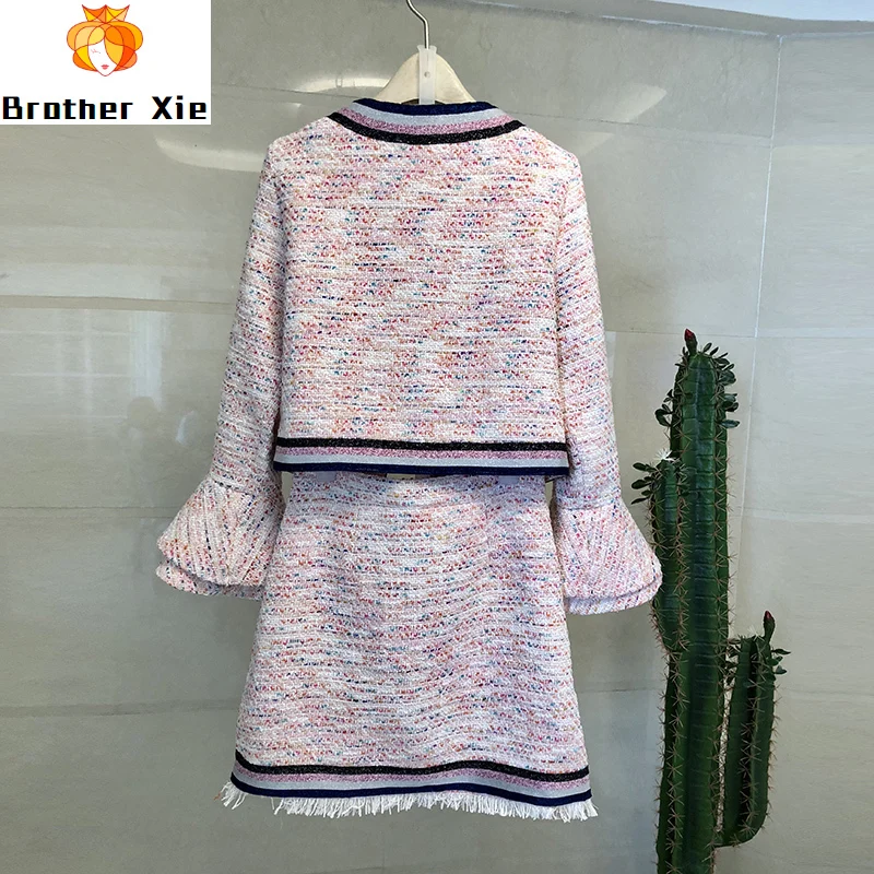 

Two pieces set 2020 ispring autumn women European horn sleeve short wool coat + wool skirts sweet bowknot tweed coat pink bow