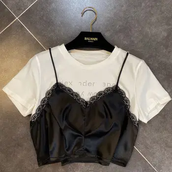 

2020 Summer Women's Short-Sleeved Rhinestones Letters Splicing Lace Tshirt Famale Tops Crop T Shirts