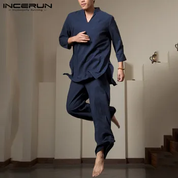 

Vintage Men Sets Tang Suit 3/4 Sleeve Streetwear V Neck Tops Pants Retro Loose Chinese Style Solid Color Men Suits S-5XL INCERUN