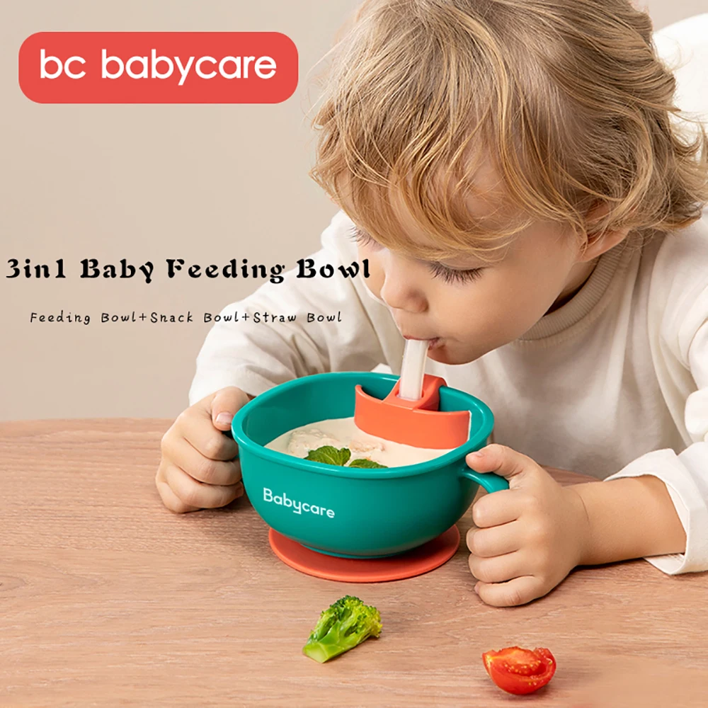 BC Babycare-fuente de alimentación de bebé 3 en 1, aperitivo, tazón de sopa con pajita, platos de aprendizaje infantiles, tazón con mango de succión, vajilla, tazón de aperitivos de pétalos
