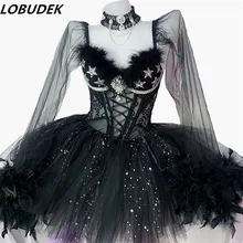 Черный сетчатый, с перьями рукавом боди Туту мини юбка наряд бар Вечеринка сцена Одежда Женщины певица костюм день рождения праздник наряды