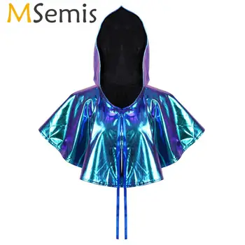 

Holographic Clothes Crop Top Unisex Men Women Shiny Metallic Open Front Tie Up Hooded Cloak Halloween Party Cosplay Costume