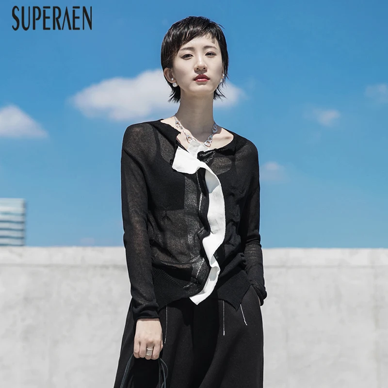 

SuperAen Europe 2020 Spring and Summer New Women Sweater Coats Perspective Casual Wild Ladies Sweaters Single Breasted Tops