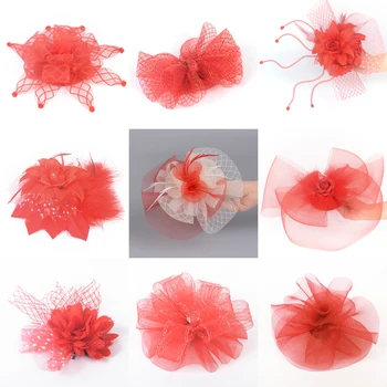 

9design Handmade Red Fascinators Flower Feathers Hats Lace Veils Hair Clips Cocktail Weddings Party Dress Women Hairpiece